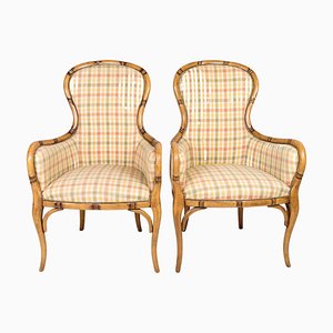 Fauteuils en Tissu à Carreaux et Bois, 1920s, Set de 2