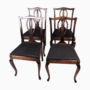 Dining Room Chairs in Mahogany & Black Patterned Fabric, 1920s, Set of 4