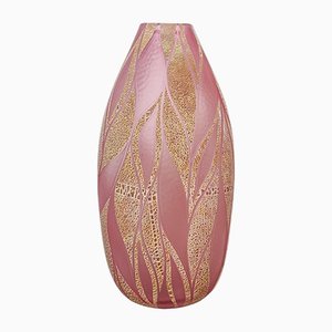 Vaso Battuto in vetro soffiato rosa e foglia oro, Murano