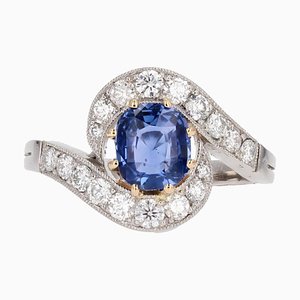 Belle Epoque Style Sapphire, Diamond, 18 Karat Yellow Gold & Platinum Swirl Ring