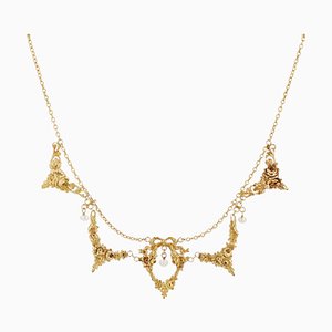 Collar con cortinas Belle Epoque francés de oro amarillo de 18 kt con perlas, década de 1890