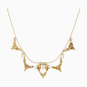 French Belle Epoque 18 Karat Yellow Gold Drapery Necklace with Pearls, 1890s