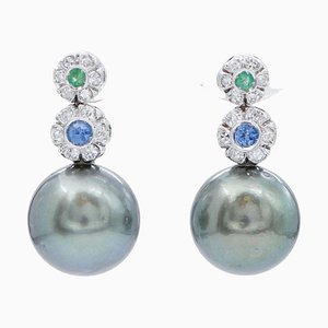 Boucles d'Oreilles en Or Blanc 14 Carats avec Perles Grises, Aapphires, Émeraudes, Diamants, Set de 2
