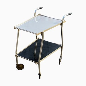Vintage Golden Bar Cart with Black and White Glass Shelves, 1960s