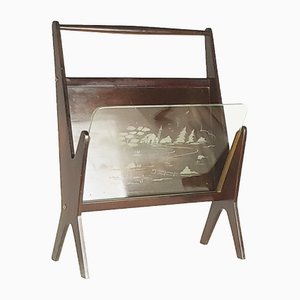 Italian Stained Plywood & Decorated Glass Magazine Rack, 1950s