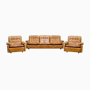 Vintage Leder 3-Sitzer Sofa & Sessel, 3er Set