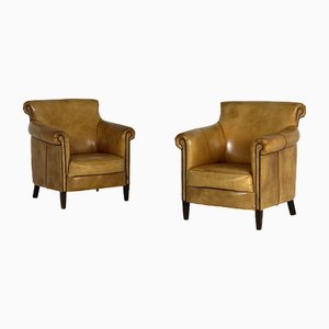 Fauteuils Club en Cuir de Mouton, Set de 2