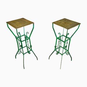 Tavolini vintage in metallo verde con foglia in ottone, set di 2