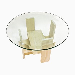 Glass and Travertine Coffee Table attributed to Willy Ballez, 1970s