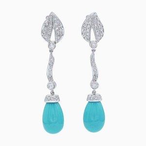 Platinum Dangle Earrings with Turquoise and Diamonds, 1970s, Set of 2