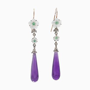 Rose Gold and Silver Earrings with Amethysts, Emeralds, Diamonds and White Stones, 1950s, Set of 2