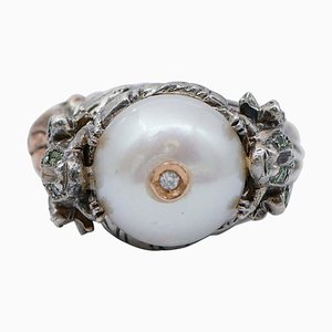 Ring aus Roségold und Silber mit Perle, Tsavorit und Diamanten