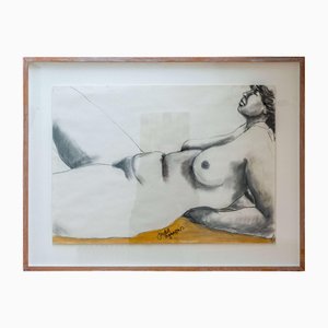 Judy Symons, nu couché, fin du 20e ou début du 21e siècle, technique mixte sur papier, encadré