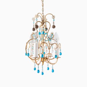 Small Italian Chandelier with Blue Crystals, 1940s