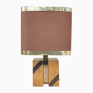 Wooden Lamp in Cork, Brass and Fabric, Italy, 1970s