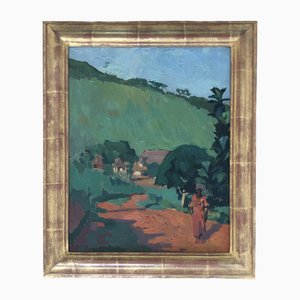 Henri Dufaux, Scène de village Africain, Oil on Wood, Framed