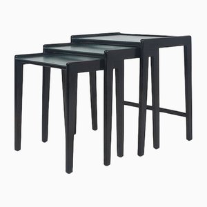 Nesting Tables in Black Stained Wood and Glass Top, 1960s, Set of 3