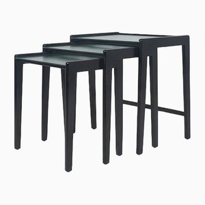 Tables Gigognes en Bois Teinté Noir et Plateau en Verre, 1960s, Set de 3