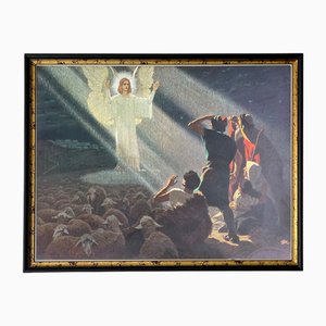 Vintage Framed German Christian Print of the Annunciation to the Shepherds, 1930s