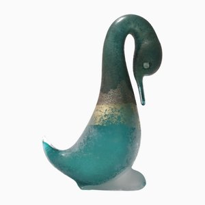 Postmodern Teal Scavo Glass Duck with Gold Flakes attributed to Cenedese, Italy, 1980s