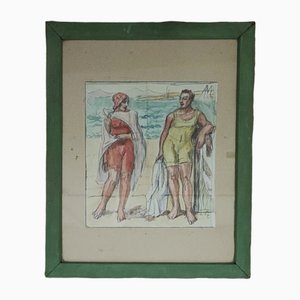 Armand Cacheux, Retour de baignade à la plage, Watercolor and Crayon on Paper, Framed