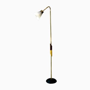 Brass Floor Lamp with Milk Glass Shade, 1950s