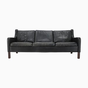 Dänisches Drei-Sitzer Sofa aus schwarzem Leder, 1970er