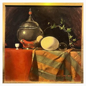 Luisa Albert, Objects on Orange Tablecloth, 2011, Öl auf Leinwand