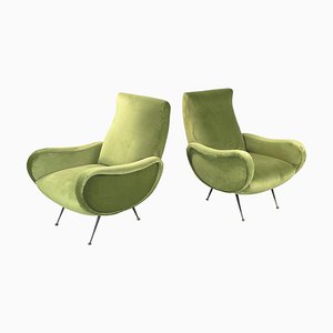 Italian Lady Style Armchairs in Green Velvet and Black Metal, 1950s, Set of 2