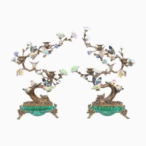 French Ormolu and Porcelain Bird Branch Candelabras, Set of 2
