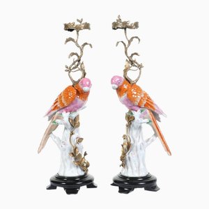 French Porcelain Parrot Statues, Set of 2