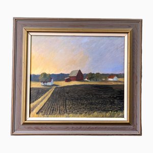 Sunset Fields, 1950s, Huile sur Toile, Encadré