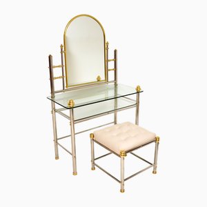 Vintage Chrome & Brass Dressing Table with Stool, 1970s, Set of 2