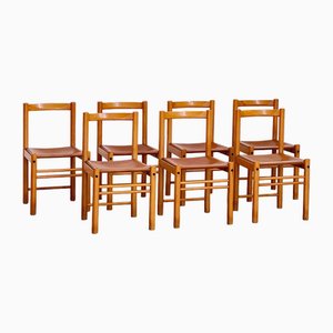 Wooden Chairs and Leather from Ibisco Brand, 1970s, Set of 7