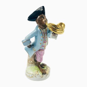French Porcelain Monkey Band Horn Player Figurine from Scheibe-Alsbach, Germany, 1970s