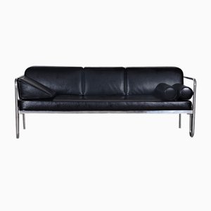 Bauhaus Sofa in Black Leather and Chrome-Plated Steel, 1930s