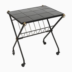 Leather and Ceramic Serving Cart by Jacques Adnet, 1950s