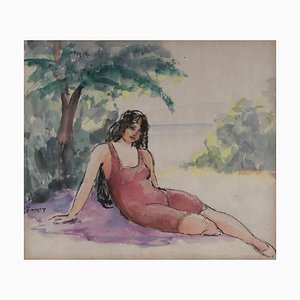 Gustave Francois, Jeune femme sur le sable, Acquarello su carta, Con cornice