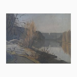 Marius Chambaz, Paysage fluvial, Oil on Canvas, Framed