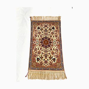 Isfahan Hand-Tied Silk Wall Rug with Flowers and Bird Decor