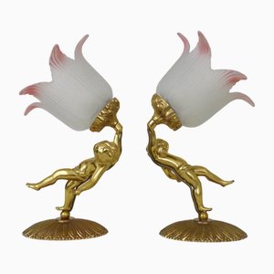 Italienische Cherub Wandlampen aus Bronze mit Tulip Lampenschirmen aus Glas, 1980er, 2er Set