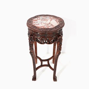Hardwood Chinese Carved Pedestal Table with Marble Top, 1920s