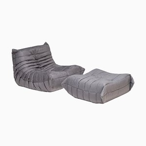 Ligne Roset Togo Grey Lounge Chair and Footstool by Michel Ducaroy, 2010s, Set of 2