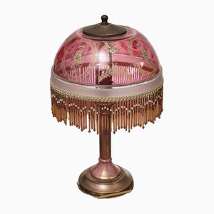 Lampe de Bureau en Verre Rose et Décorations Dorées avec Perles