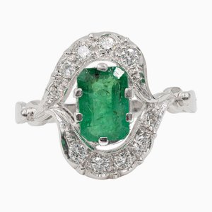 Vintage 18k White Gold Ring with Emerald and Diamonds, 1960s