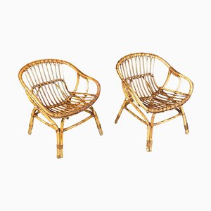 Italian Outdoor Armchairs in Rattan with Armrests, 1960s, Set of 2