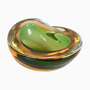 Green and Amber Sommerso Murano Glass Heart-Shaped Bowl by Flavio Poli, Italy, 1960s