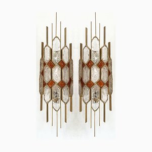 Large Hammered Glass and Gilt Wrought Iron Sconces from Longobard, Italy, 1970s, Set of 2