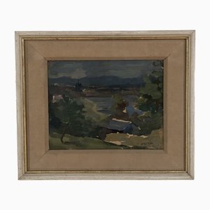 Mady Epstein, Vue sur Genève, le Jura et le lac depuis Cologny, Oil on Wood, Framed