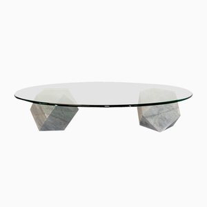 Mesa de centro italiana vintage ovalada de vidrio y mármol atribuida a Massimo Vignelli, años 70